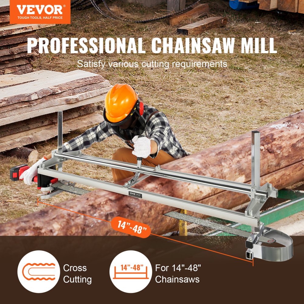 Portable galvanized steel chainsaw mill with 14-48 inch bar, shown attached to a log for cutting.