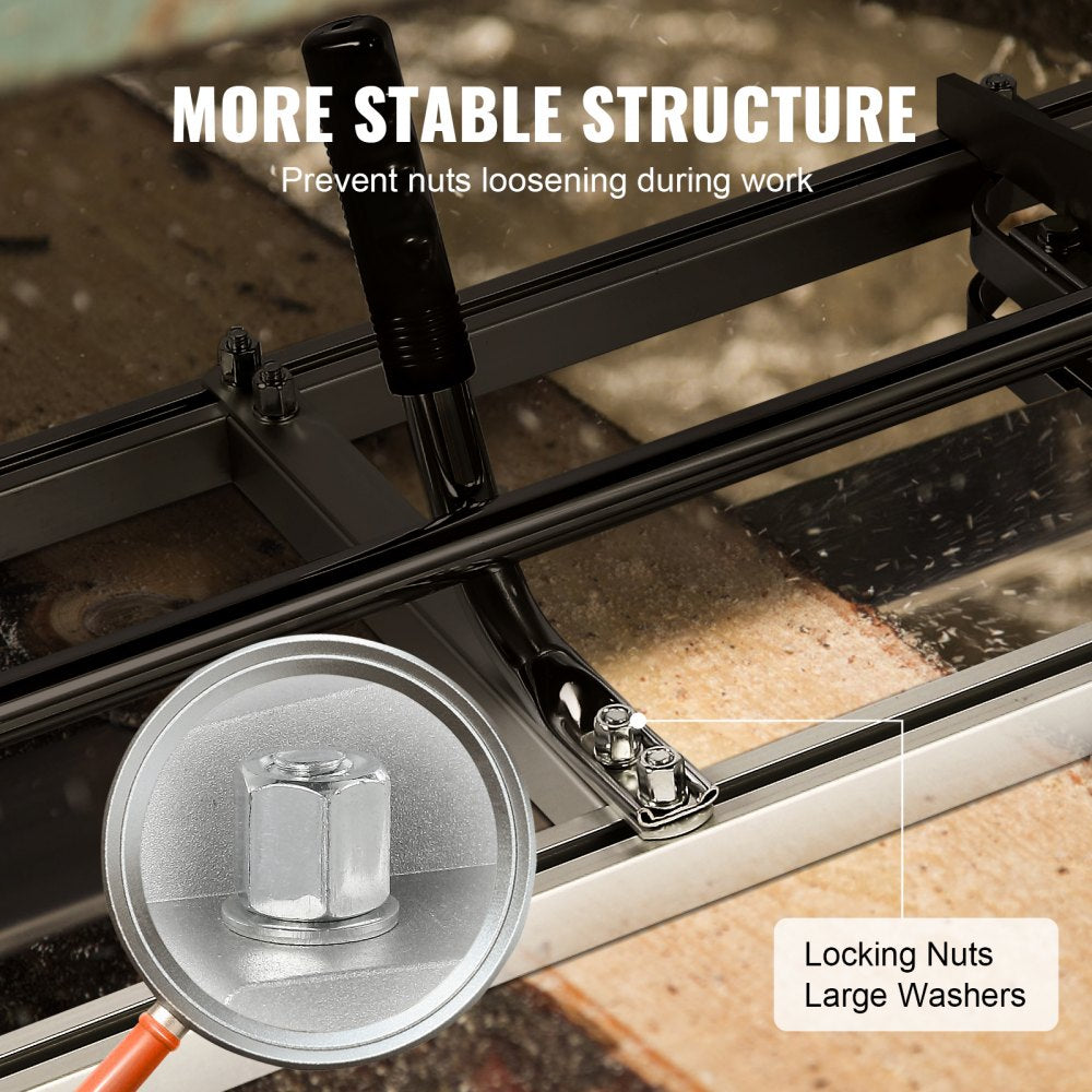 Close-up of chainsaw mill's galvanized steel frame with locking nuts and large washers to prevent loosening.