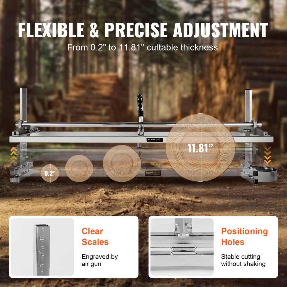 Portable chainsaw mill with galvanized steel frame, adjustable scales from 0.2 to 11.8 inches, and positioning holes.