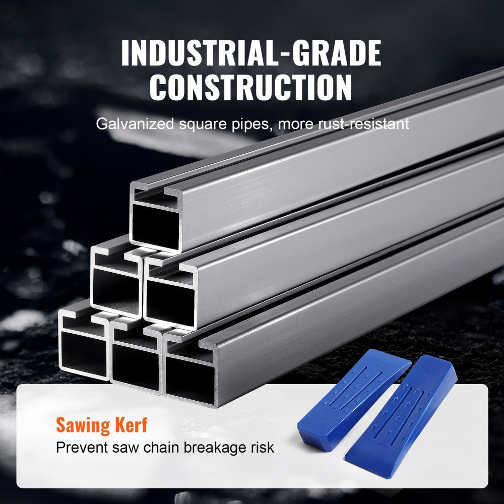Portable chainsaw mill with galvanized steel frame, stacked square pipes, and blue kerf spacers.