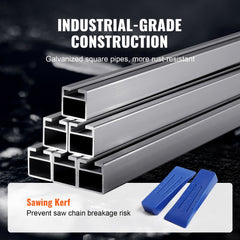 Portable chainsaw mill with galvanized steel frame, stacked square pipes, and blue kerf spacers.