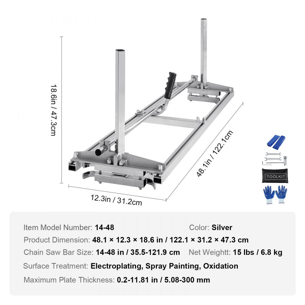 Portable galvanized steel chainsaw mill with 14-48 inch bar, silver frame, and adjustable thickness up to 11.8 inches.