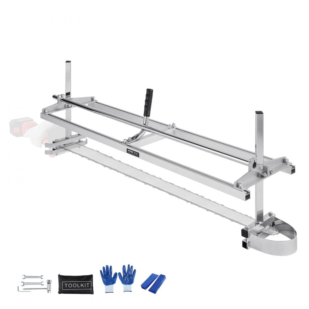 Portable galvanized steel chainsaw mill with 14-48" bar, frame, and tool kit.
