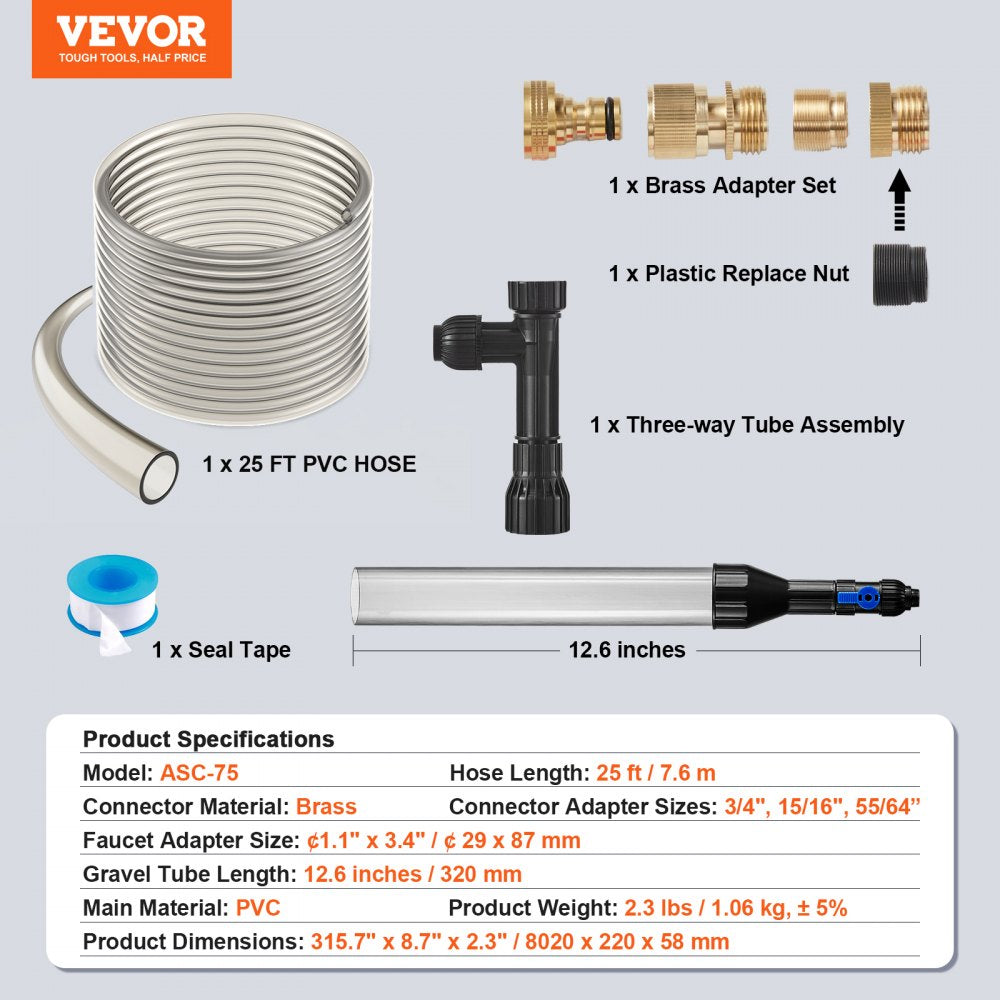 Aquarium Vacuum Gravel Cleaner, 25 ft PVC Hose Fish Tank Vacuum Gravel Cleaner, Siphon Fish Tank Cleaner Vacuum, 3 Types of Brass Adapters, for Fish Tank Cleaning Gravel & Sand