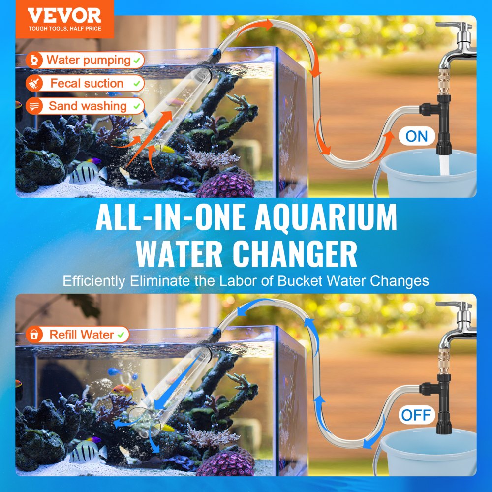 Aquarium Vacuum Gravel Cleaner, 50 ft PVC Hose Fish Tank Vacuum Gravel Cleaner, Siphon Fish Tank Cleaner Vacuum, 3 Types of Brass Adapters, for Fish Tank Cleaning Gravel & Sand
