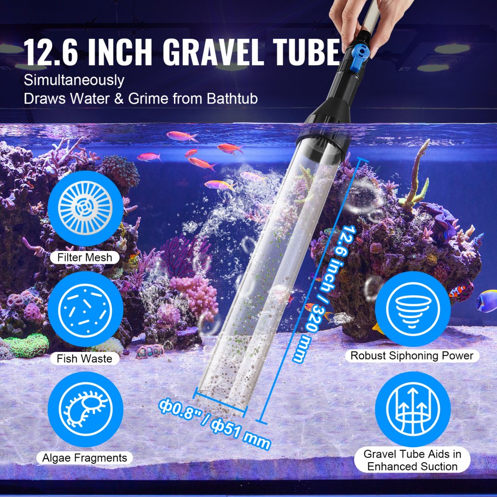Aquarium Vacuum Gravel Cleaner, 50 ft PVC Hose Fish Tank Vacuum Gravel Cleaner, Siphon Fish Tank Cleaner Vacuum, 3 Types of Brass Adapters, for Fish Tank Cleaning Gravel & Sand
