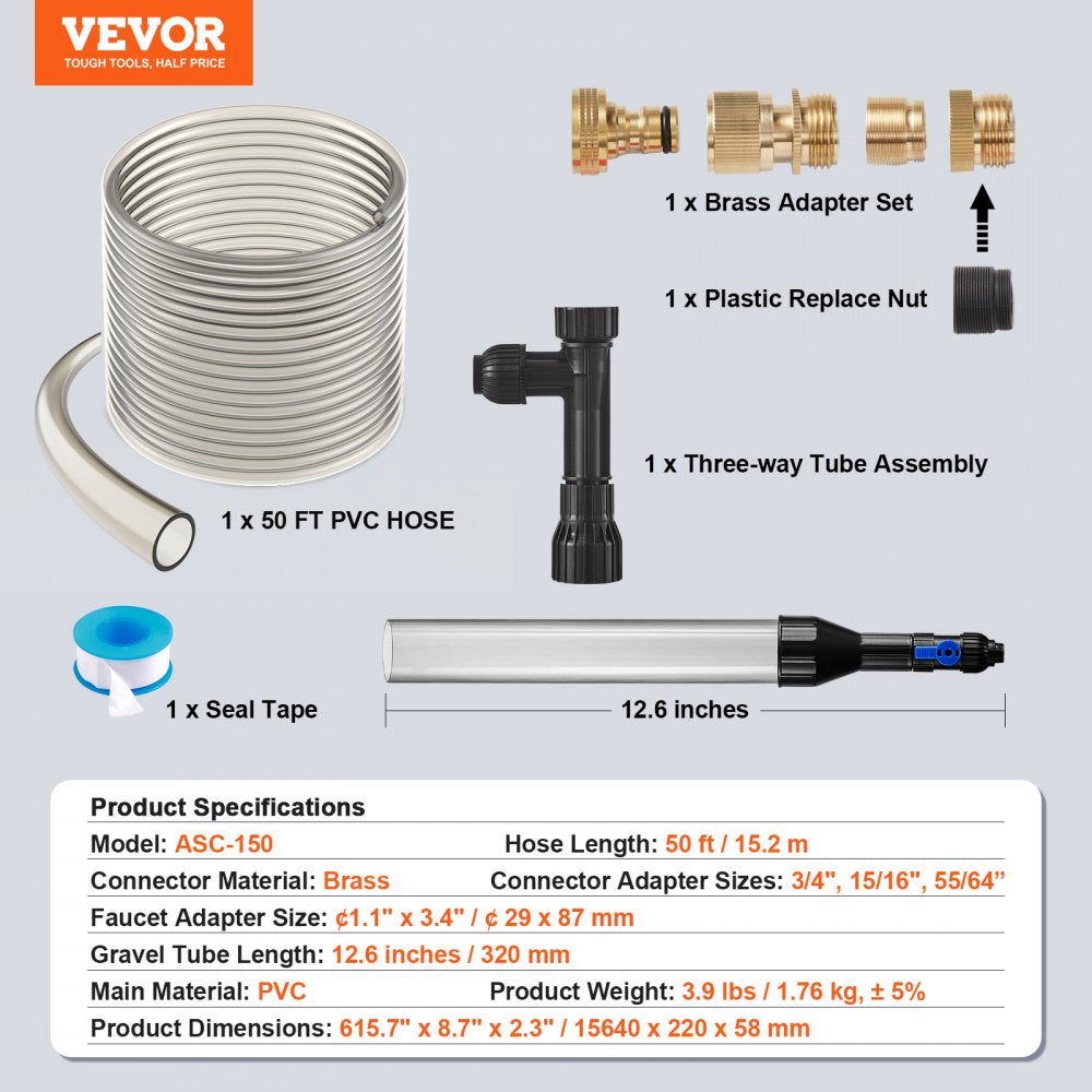 Aquarium Vacuum Gravel Cleaner, 50 ft PVC Hose Fish Tank Vacuum Gravel Cleaner, Siphon Fish Tank Cleaner Vacuum, 3 Types of Brass Adapters, for Fish Tank Cleaning Gravel & Sand