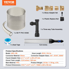 Aquarium Vacuum Gravel Cleaner, 50 ft PVC Hose Fish Tank Vacuum Gravel Cleaner, Siphon Fish Tank Cleaner Vacuum, 3 Types of Brass Adapters, for Fish Tank Cleaning Gravel & Sand