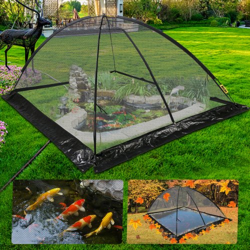 10x14 ft black nylon mesh dome pond net cover over koi pond with fish.