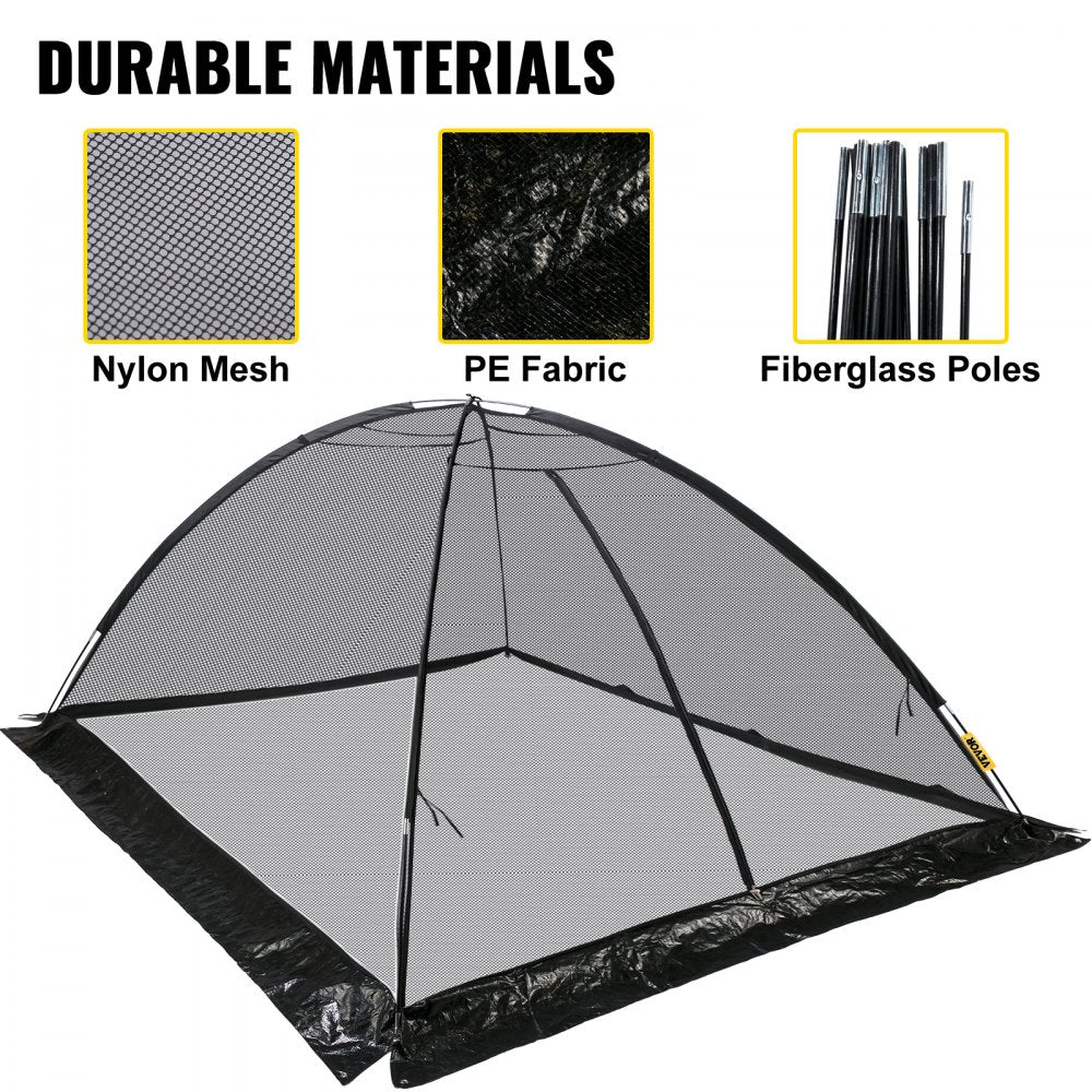 Dome pond net cover with 1/2-inch black nylon mesh, PE fabric base, and fiberglass poles.
