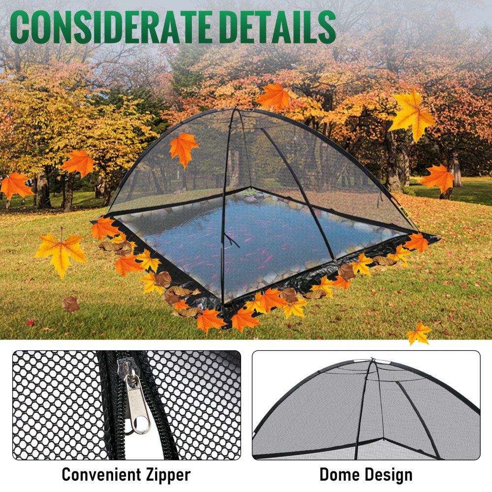 Dome-shaped 10x14 ft pond net cover with black nylon mesh, zipper, and frame in autumn setting.