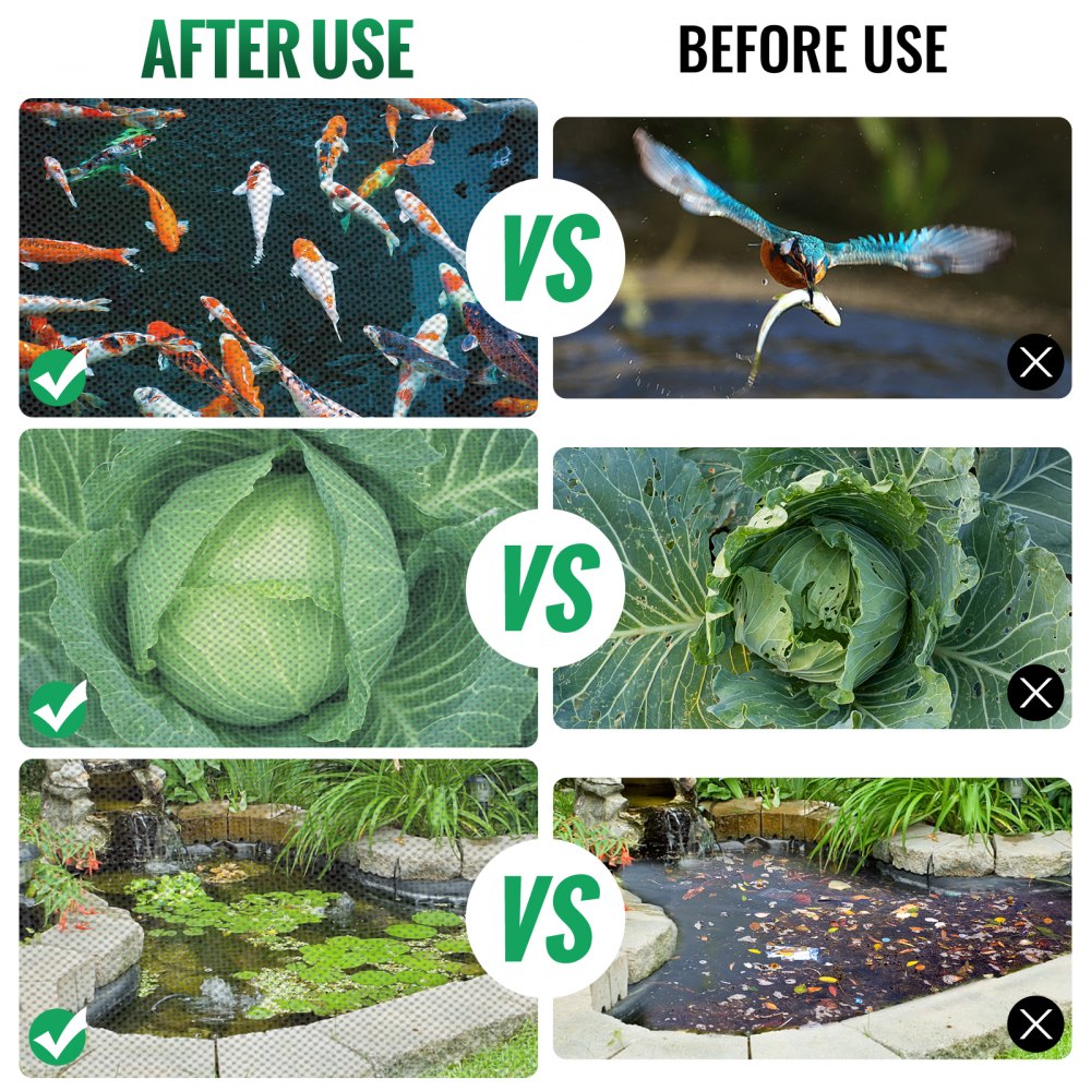Before-and-after comparison showing a pond net cover protecting koi fish, cabbage plants, and a water garden from debris and predators.