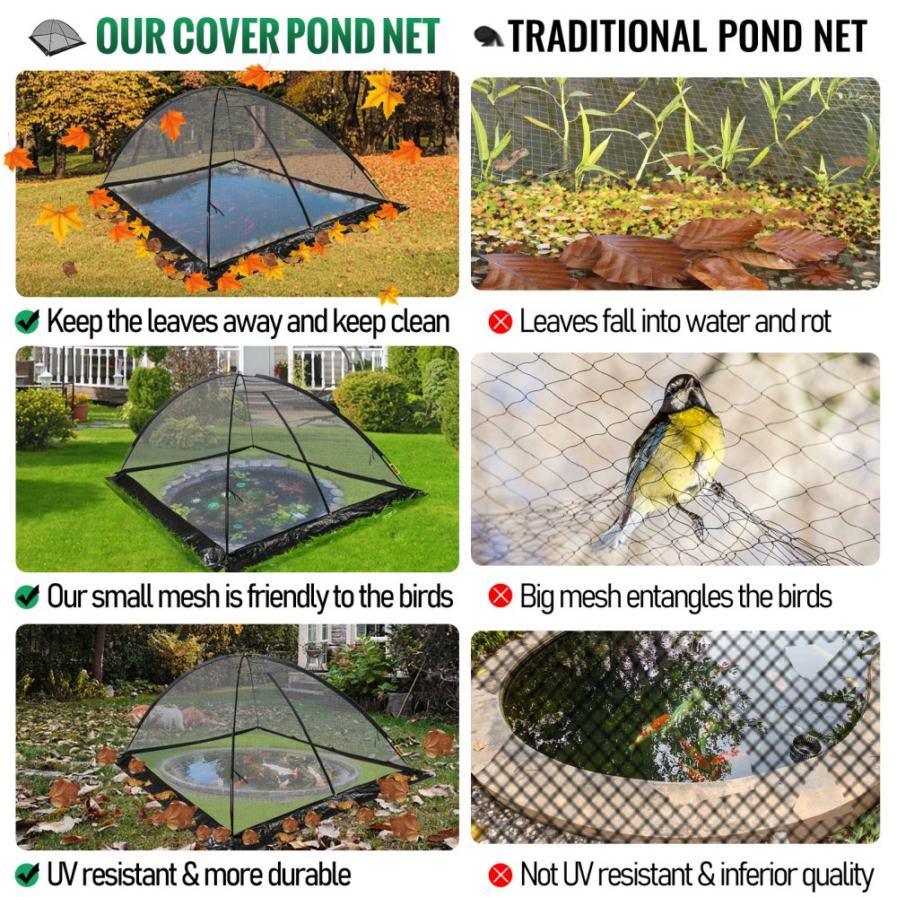 10x14 ft dome pond net cover with 1/2 inch black nylon mesh over a frame, protecting a pond from leaves and birds.