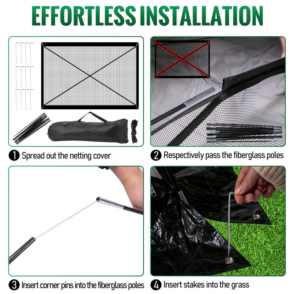Infographic showing effortless installation steps for a 10x14 ft dome pond net cover with black nylon mesh, fiberglass poles, and stakes.