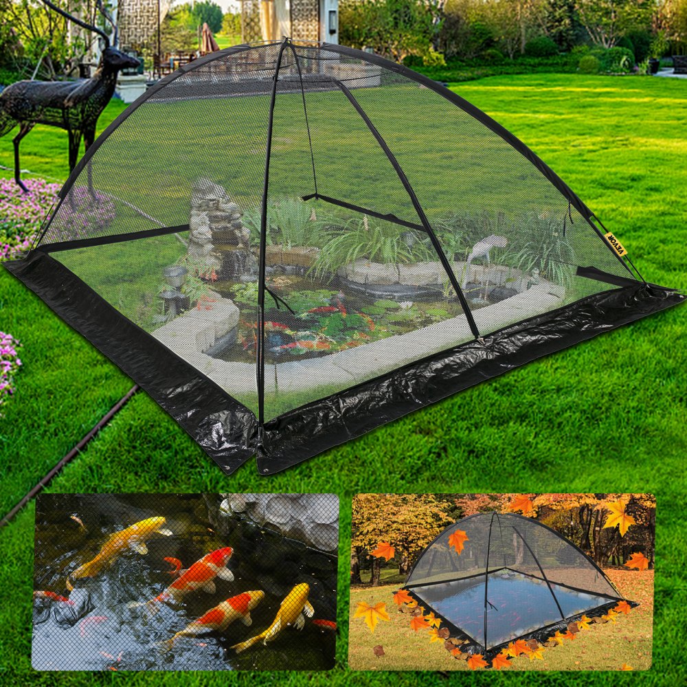 10x14 ft black nylon mesh dome pond net cover over koi fish pond in garden.