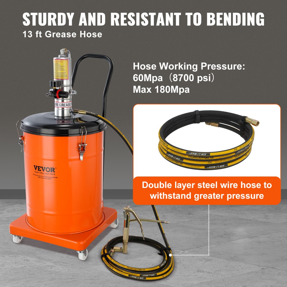 Grease Pump, 10.5 Gallon 40L Air Operated Grease Pump with 13 ft High Pressure Hose and Grease Gun, Pneumatic Grease Bucket Pump with Wheels, Portable Lubrication Grease Pump 50:1 Pressure Ratio