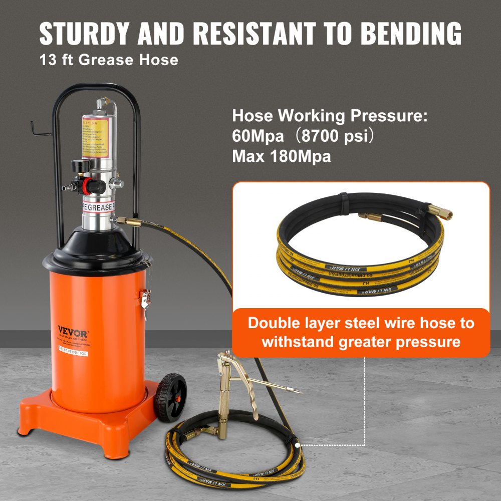 Grease Pump, 3 Gallon 12L, Air Operated Grease Pump with 13 ft High Pressure Hose and Grease Gun, Pneumatic Grease Bucket Pump with Wheels, Portable Lubrication Grease Pump 50:1 Pressure Ratio
