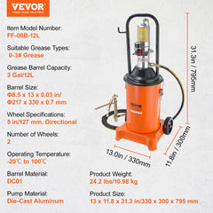 Grease Pump, 3 Gallon 12L, Air Operated Grease Pump with 13 ft High Pressure Hose and Grease Gun, Pneumatic Grease Bucket Pump with Wheels, Portable Lubrication Grease Pump 50:1 Pressure Ratio