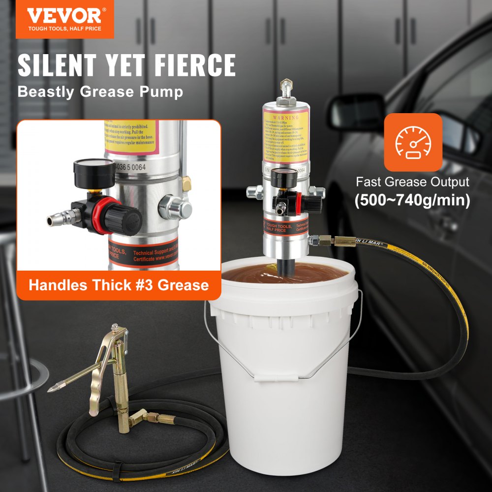 Grease Pump, 50:1 Pressure Ratio Air Operated Grease Pump with 13 ft High Pressure Hose and Grease Gun, Pneumatic Grease Pump, Portable Lubrication Grease Pump with 360° Swivel Grease Gun Head