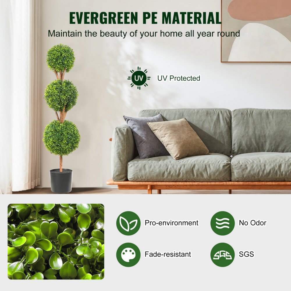 Artificial Topiaries Boxwood Trees, 48 inch Tall (2 Pieces), 3 Ball-Shape Faux Topiaries Plant with Planters, Green Feaux Plant w/ Replaceable Leaves & Port for Decorative Indoor/Outdoor/Garden