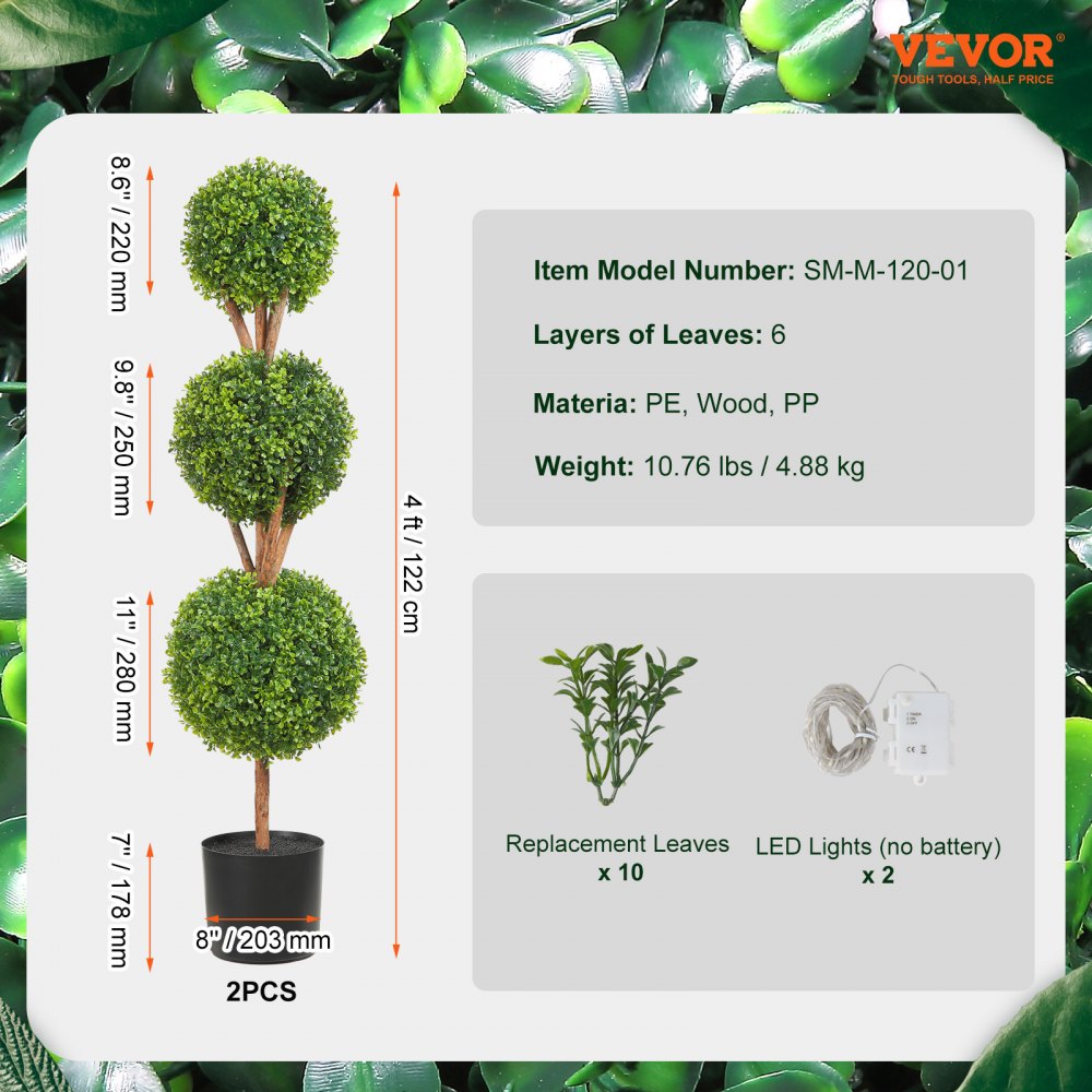Artificial Topiaries Boxwood Trees, 48 inch Tall (2 Pieces), 3 Ball-Shape Faux Topiaries Plant with Planters, Green Feaux Plant w/ Replaceable Leaves & Port for Decorative Indoor/Outdoor/Garden