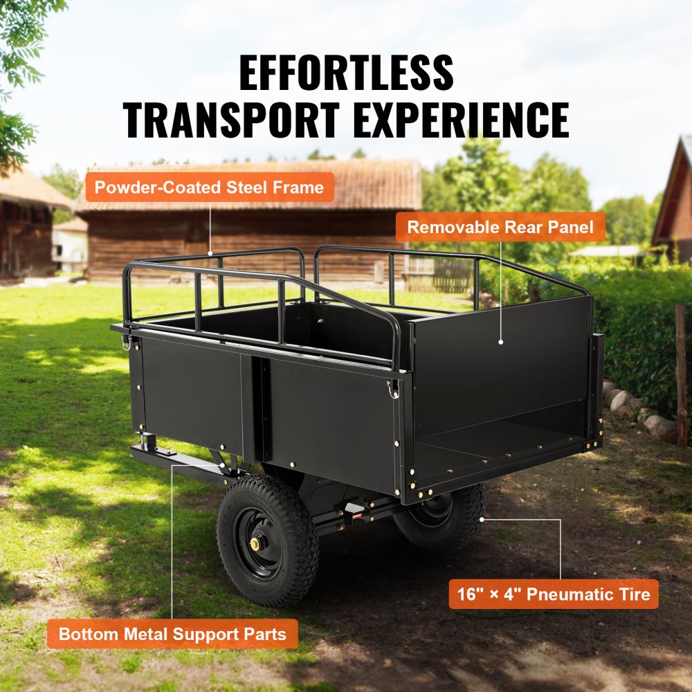 Heavy Duty ATV Trailer Steel Dump Cart, 750-Pound 15 Cubic Feet, Garden Utility Trailer with Removable Sides for Riding Lawn Mower Tractor