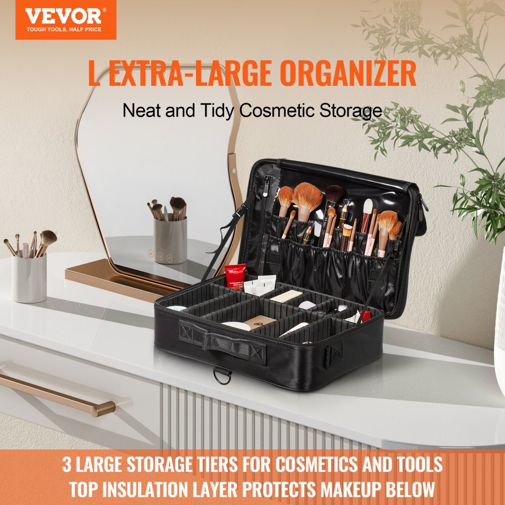 Makeup Train Case Large Storage 3 Tiers, Convenient Carry With Handle, Strap, Professional Waterproof Oxford Makeup Storage Organizer Box, Heavy Duty Make Up Carrier, Black