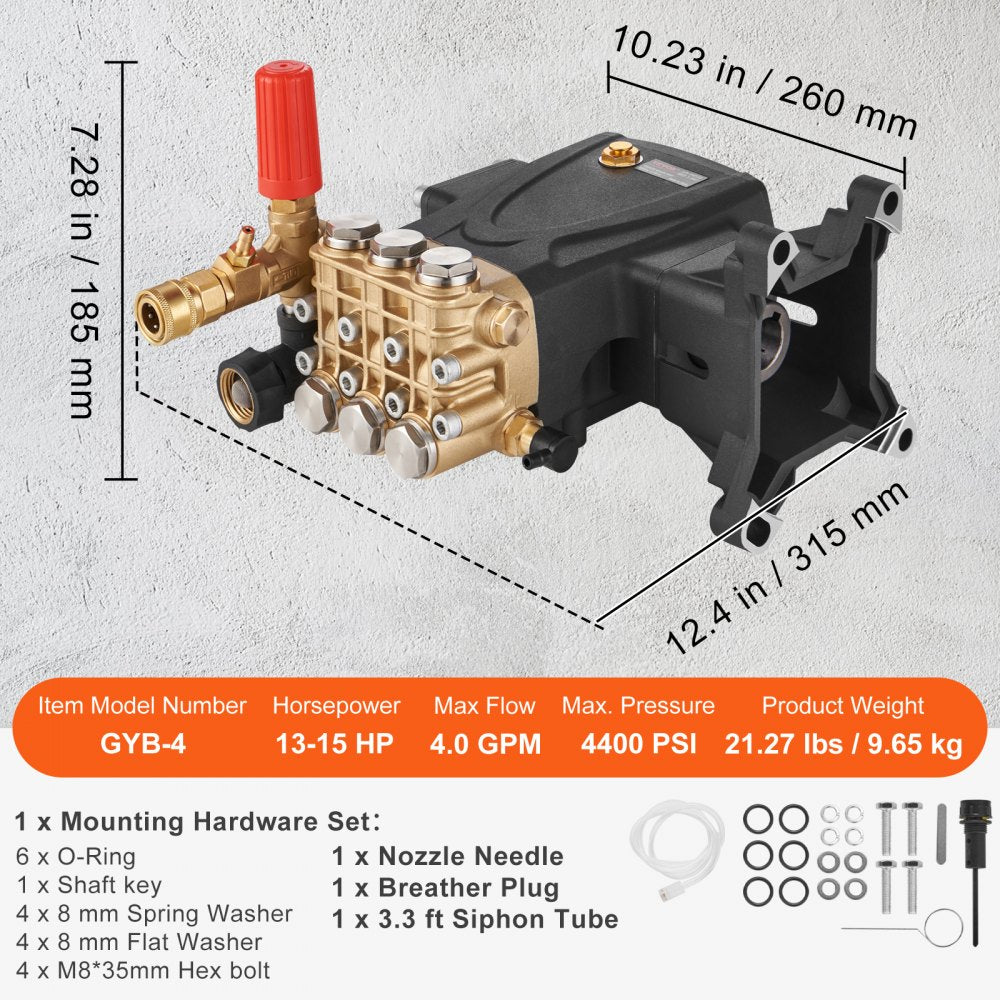 Pressure Washer Pump, 1" Shaft Horizontal Triplex Plunger, 4400 PSI, 4 GPM Flow, Replacement Power Washer Pumps Kit, Parts Washer Pump, Compatible with Simpson MorFlex Models 40224, 40225, 40226