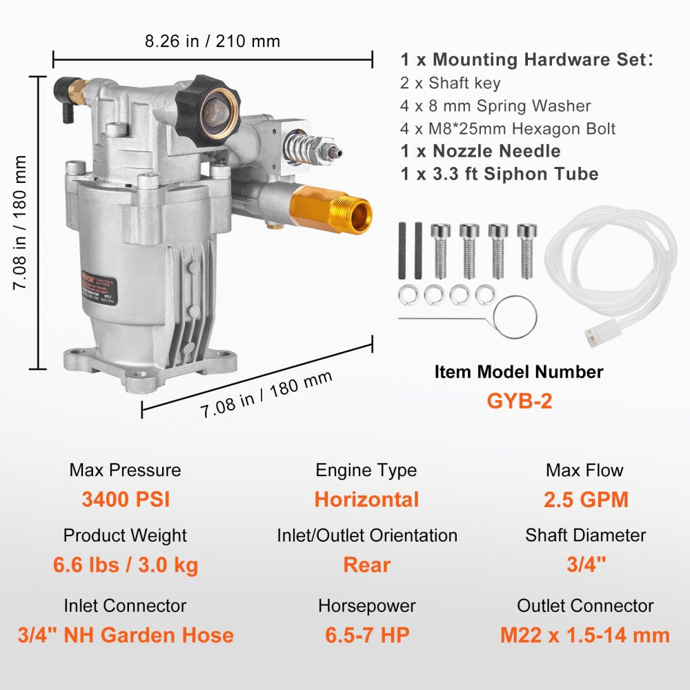 Pressure Washer Pump, 3/4" Shaft Horizontal, 3400 PSI, 2.5 GPM, Replacement Power Washer Pumps Kit, Parts Washer Pump, Compatible with Honda, Simpson, RYOBI, Briggs & Stratton, Subaru, Craftsman