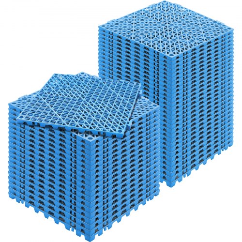 Stack of 50 blue PVC interlocking drainage tiles, 12x12 inches each, shown individually and assembled.