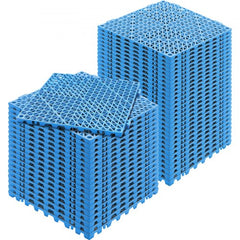 Stack of 50 blue PVC interlocking drainage tiles, 12x12 inches each, shown individually and assembled.