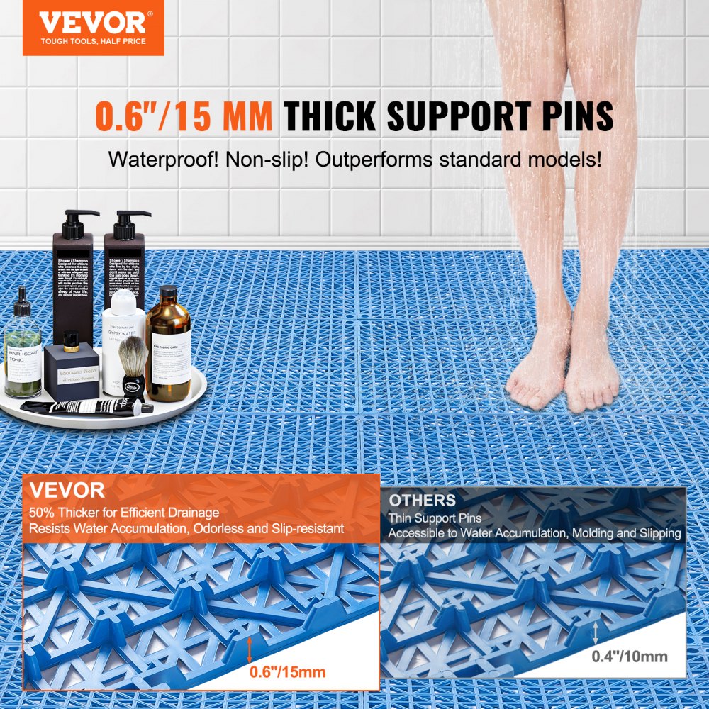 Blue PVC interlocking drainage tiles with 0.6-inch support pins, shown in a 50-piece set of 12x12-inch tiles.