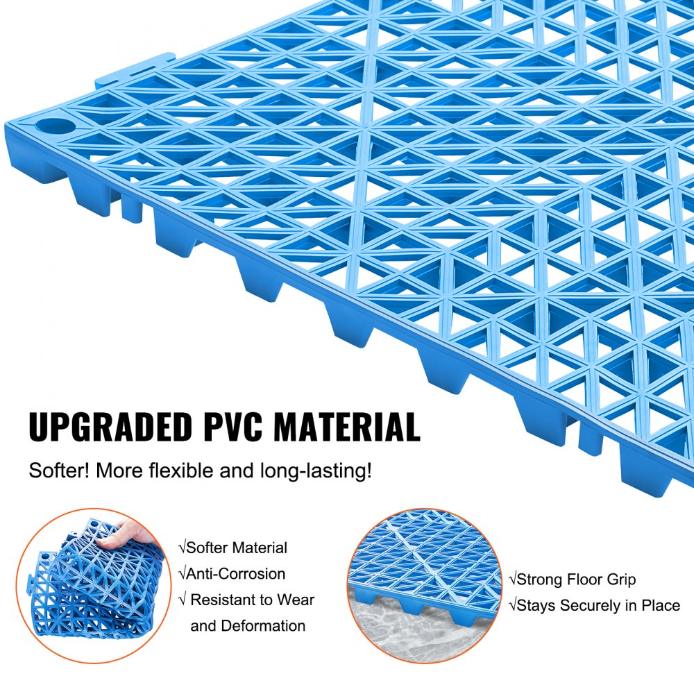 Blue PVC interlocking drainage tiles, 12x12 inches, with anti-corrosion and strong grip features.