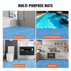 Blue PVC interlocking drainage tiles shown installed in bathrooms, kitchens, restrooms, and swimming pools.