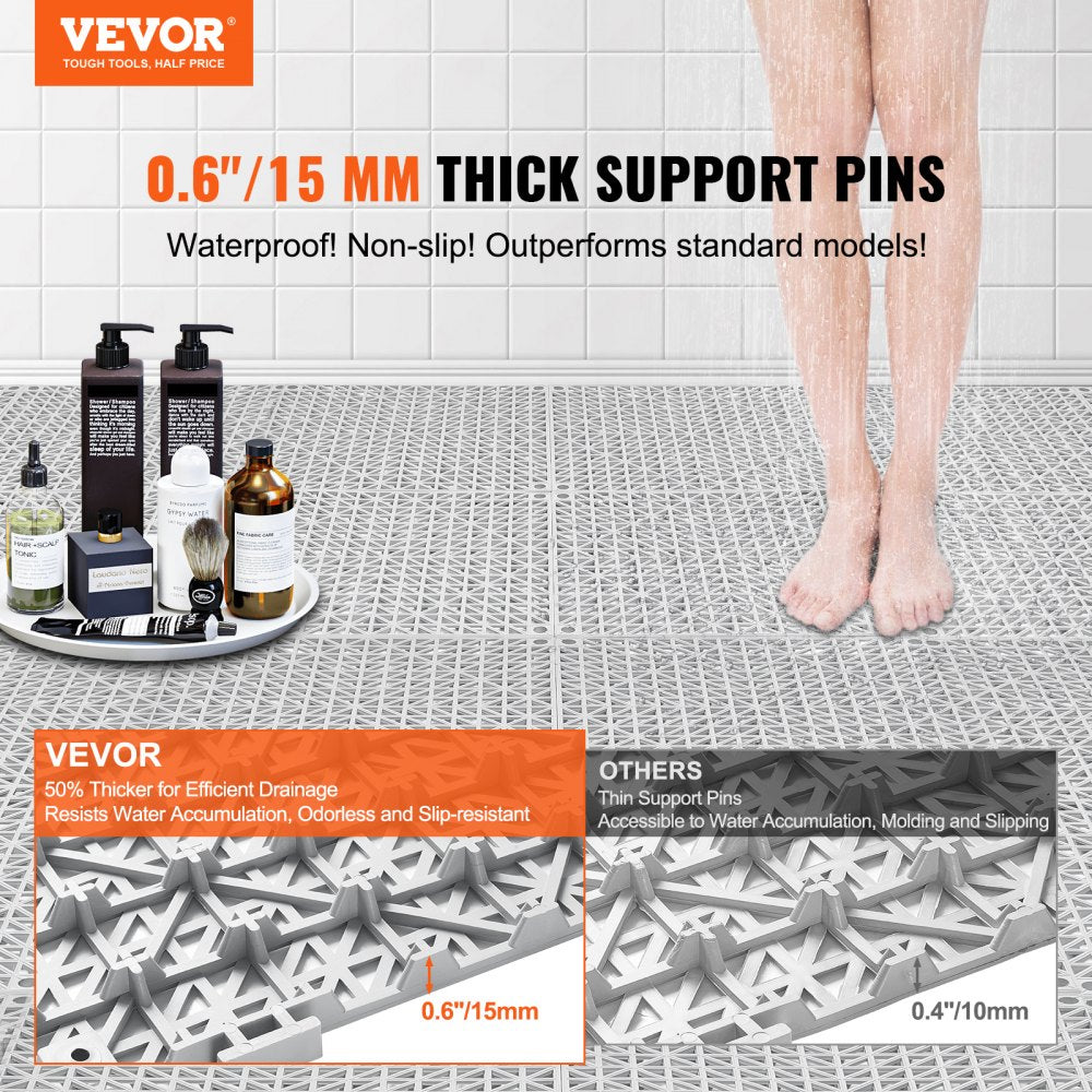 12-pack of gray PVC interlocking drainage floor mats, 12x12 inches each, with support pins and drainage holes.