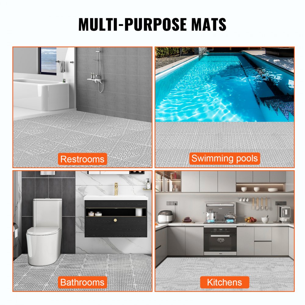 Gray PVC interlocking drainage floor mats shown in bathroom, kitchen, restroom, and poolside settings.