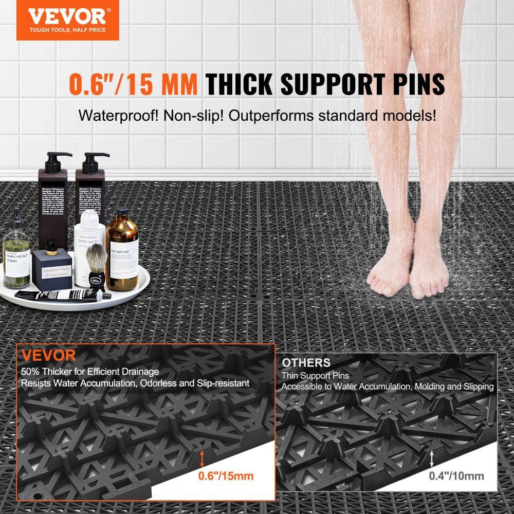 Black PVC interlocking drainage floor tiles, 12x12 inches, 55 pieces, with 0.6-inch support pins.