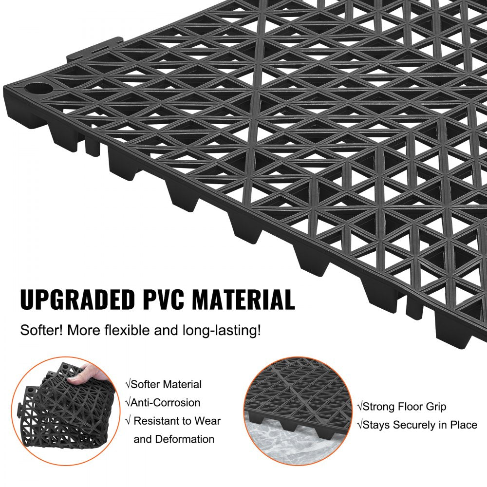 Black interlocking PVC drainage floor tiles, 12x12 inches, with anti-corrosion and grip features.