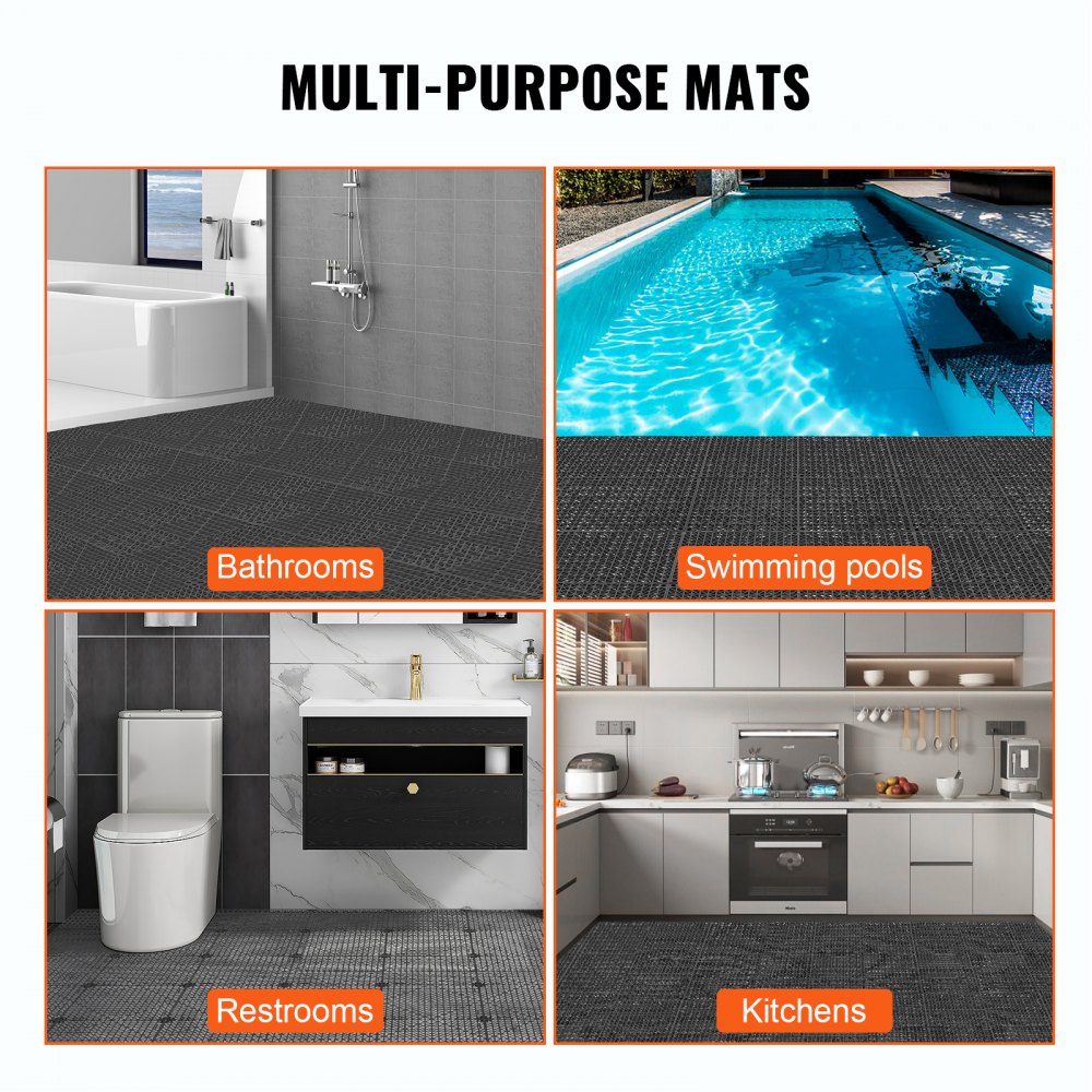 Black interlocking PVC floor tiles installed in bathroom, poolside, restroom, and kitchen settings.