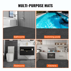Black interlocking PVC floor tiles installed in bathroom, poolside, restroom, and kitchen settings.