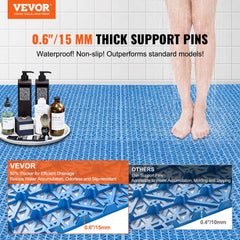 Blue PVC interlocking drainage floor tiles, 12x12 inches, 55 pieces, with 0.6-inch support pins.