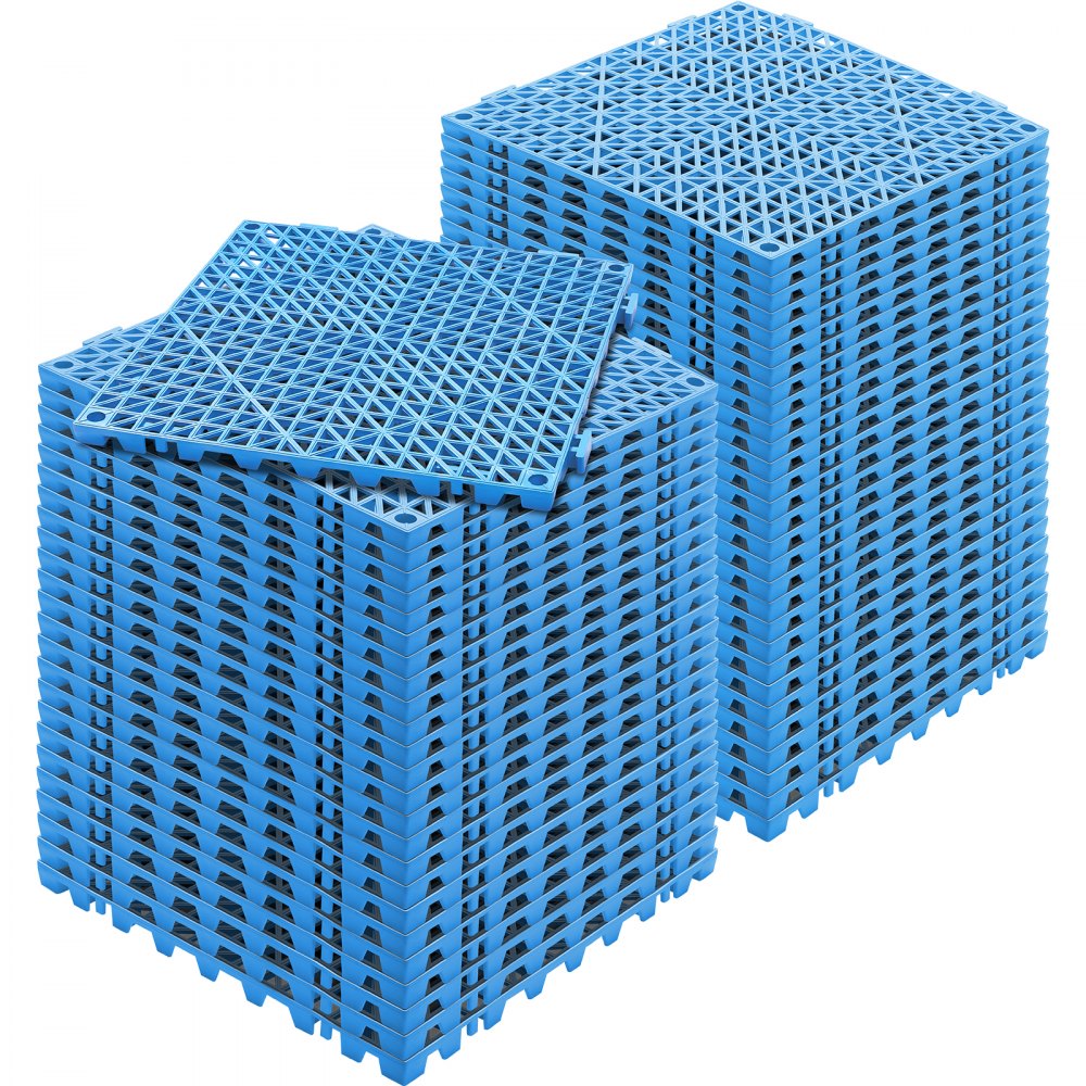 Stack of 55 blue PVC interlocking drainage floor tiles, each 12x12 inches.