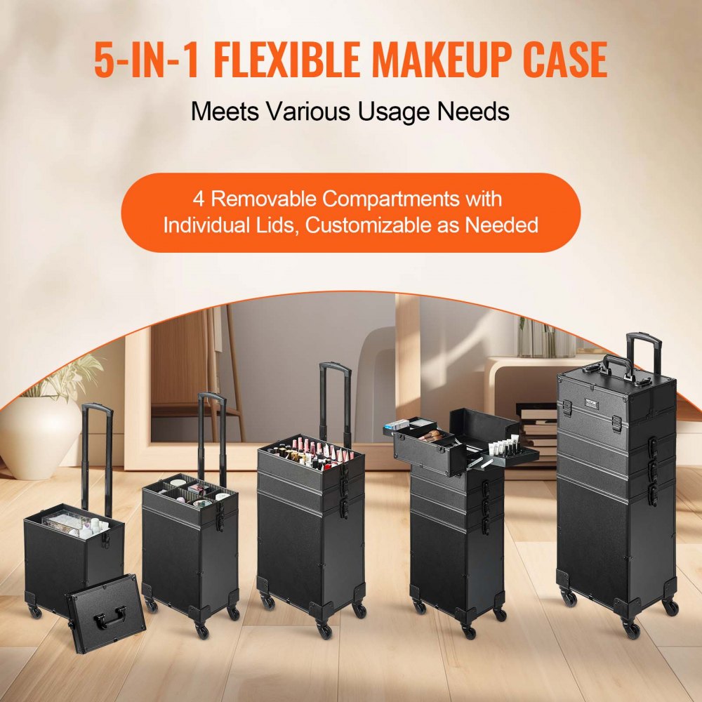 5 in 1 Professional Makeup Train Case Aluminum Cosmetic Case, Rolling Makeup Case Extra Large Trolley Makeup Travel Organizer, with 360° Swivel Wheels & Adjustable Pull Rod, Black
