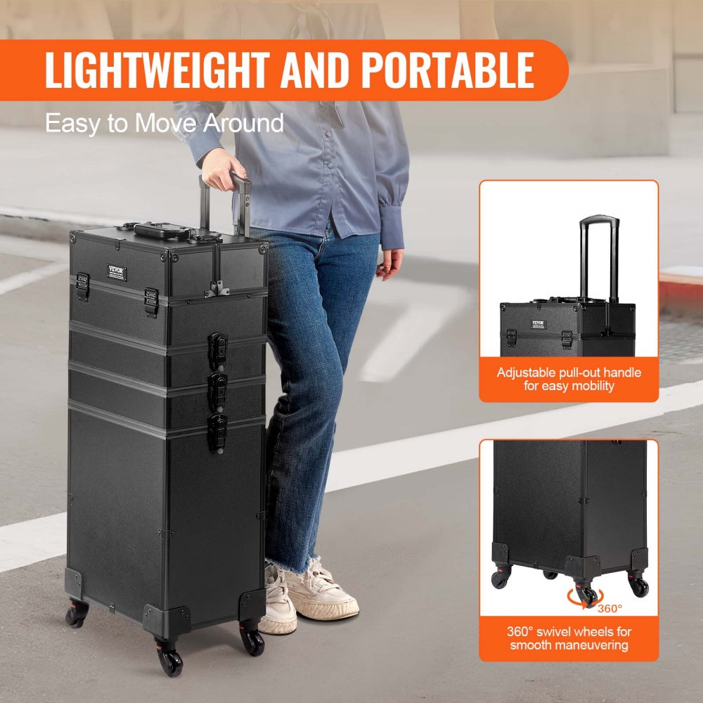 5 in 1 Professional Makeup Train Case Aluminum Cosmetic Case, Rolling Makeup Case Extra Large Trolley Makeup Travel Organizer, with 360° Swivel Wheels & Adjustable Pull Rod, Black