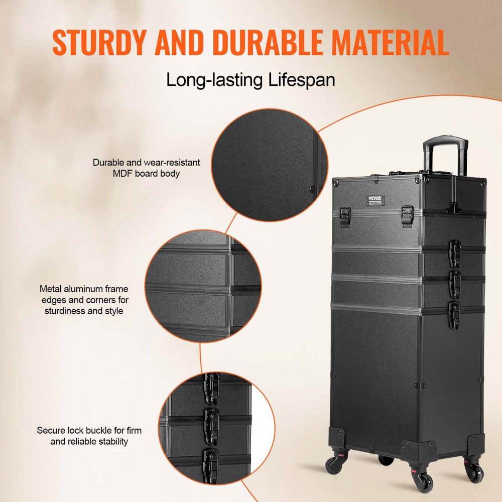 5 in 1 Professional Makeup Train Case Aluminum Cosmetic Case, Rolling Makeup Case Extra Large Trolley Makeup Travel Organizer, with 360° Swivel Wheels & Adjustable Pull Rod, Black