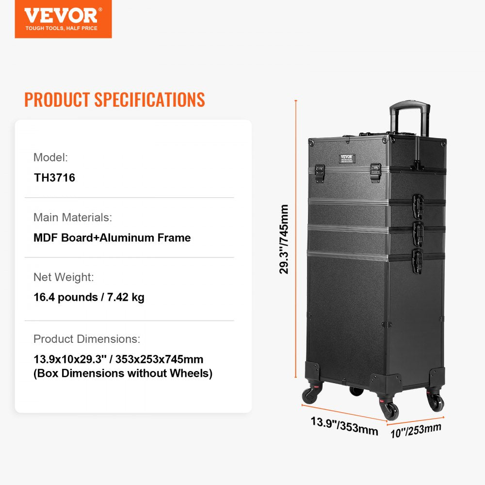 5 in 1 Professional Makeup Train Case Aluminum Cosmetic Case, Rolling Makeup Case Extra Large Trolley Makeup Travel Organizer, with 360° Swivel Wheels & Adjustable Pull Rod, Black