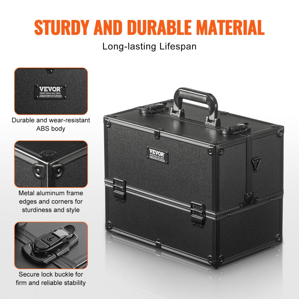 Makeup Train Case 14.6 inch Large Portable Cosmetic Case, 6 Tier Trays Professional Makeup Storage Organizer Box Make Up Carrier with Handle And Strap Travel Case for Women and Girls - Black