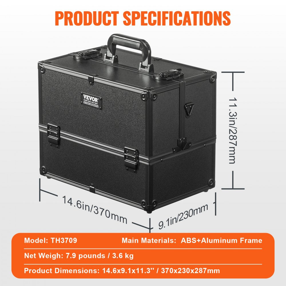 Makeup Train Case 14.6 inch Large Portable Cosmetic Case, 6 Tier Trays Professional Makeup Storage Organizer Box Make Up Carrier with Handle And Strap Travel Case for Women and Girls - Black