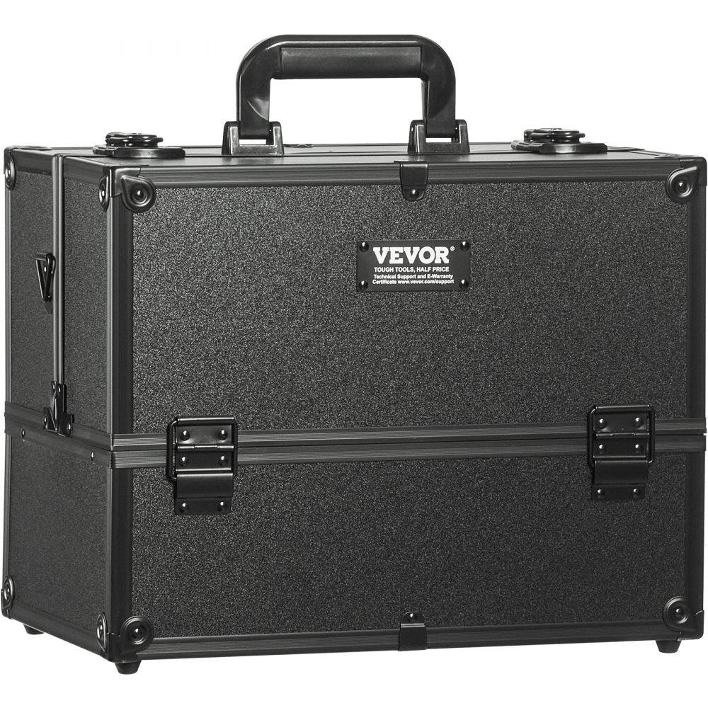 Makeup Train Case 14.6 inch Large Portable Cosmetic Case, 6 Tier Trays Professional Makeup Storage Organizer Box Make Up Carrier with Handle And Strap Travel Case for Women and Girls - Black