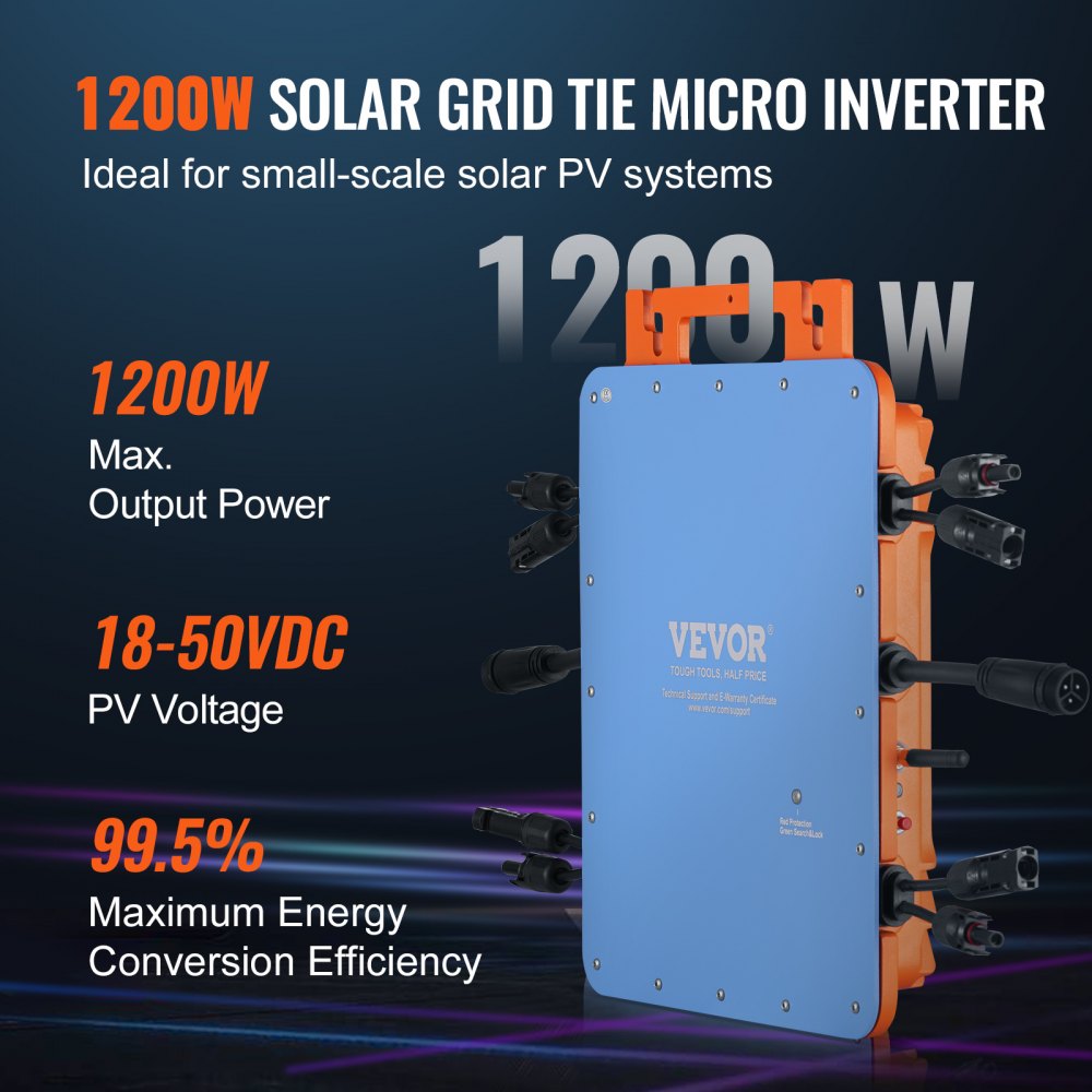 Solar Grid Tie Micro Inverter, 1200W, Solar Micro Inverter, IP67 Waterproof Aluminum Alloy Solar Power Grid Tie Inverter DC18-50V Operating Voltage with APP Wifi Antenna Power Cord, for Solar Pa